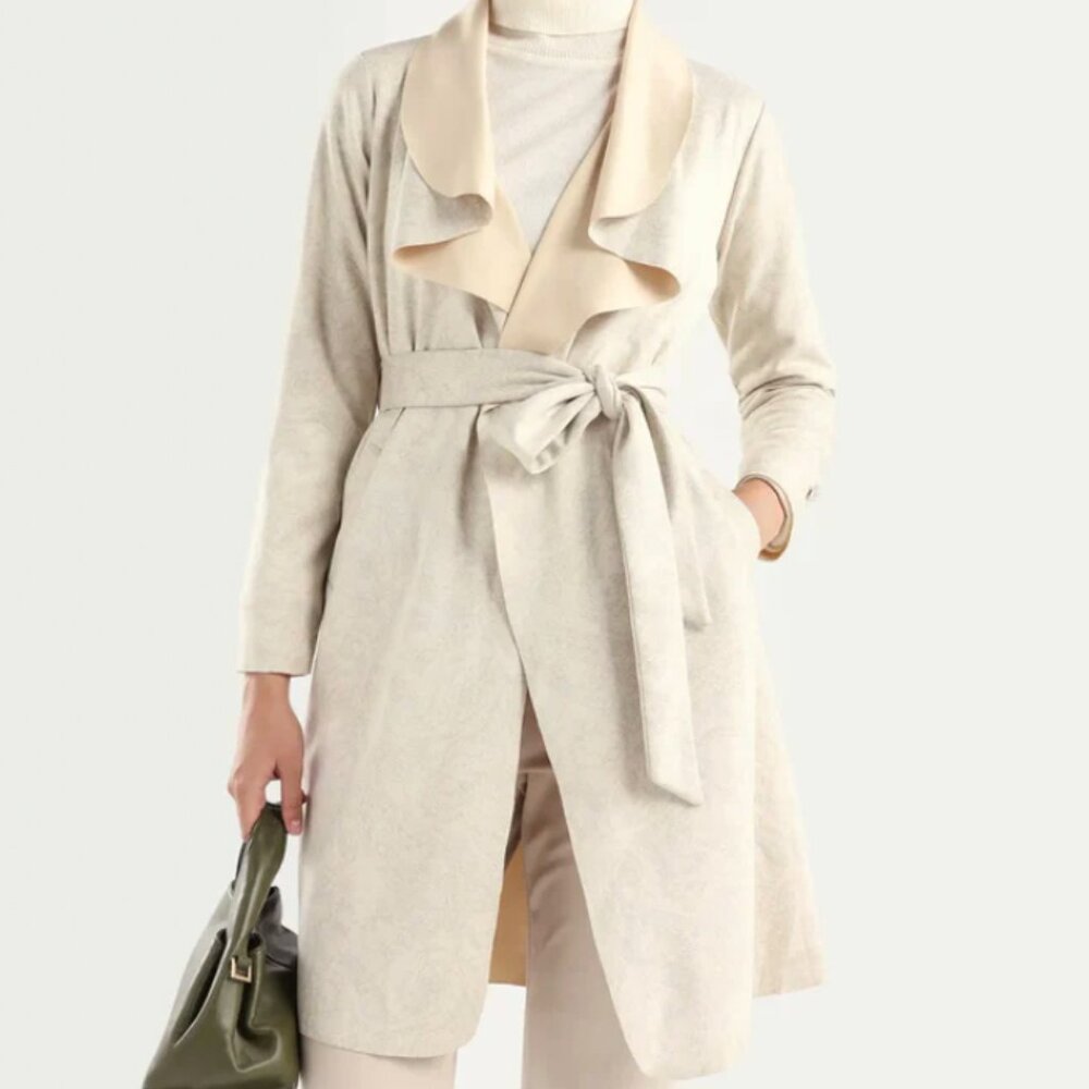 Danielrainn Faux Suede Tie-Waist Coat – Size L – Beige/Taupe